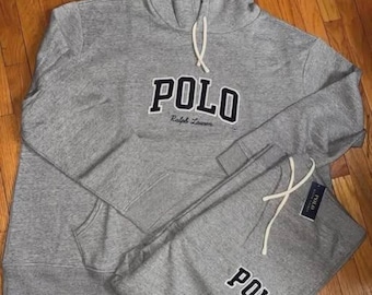Chándal con capucha y polo gris para hombre, conjunto deportivo bordado, ropa de calle tradicional, regalo para él