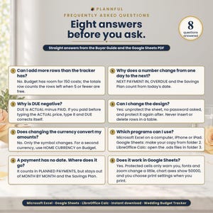 FAQ graphic titled Eight answers before you ask, with eight numbered question cards covering rows, a negative DUE, currency conversion, undated payments, changing numbers, design changes, supported programs and Google Sheets.