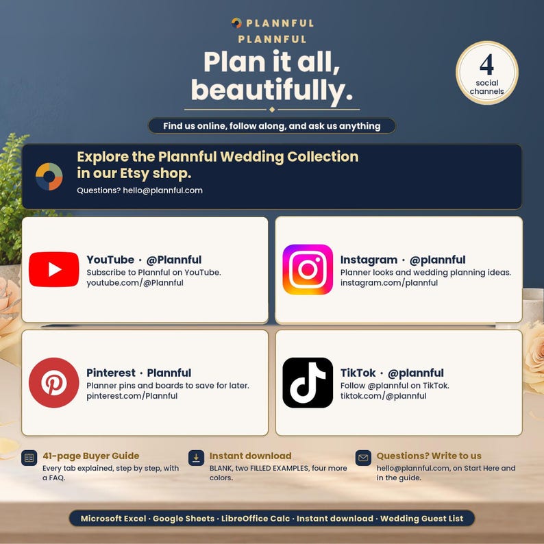 Plannful, plan it all, beautifully, with YouTube, Instagram, Pinterest and TikTok, the 41-page step-by-step Buyer Guide, instant download and hello@plannful.com for questions.