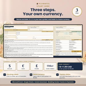 Start-here page titled Three steps, Your own currency, showing a filled example sheet on a tablet above currency option tiles for dollar, euro, pound and other symbol, and a home currency box reading 1 $ = 1.36 CAD.