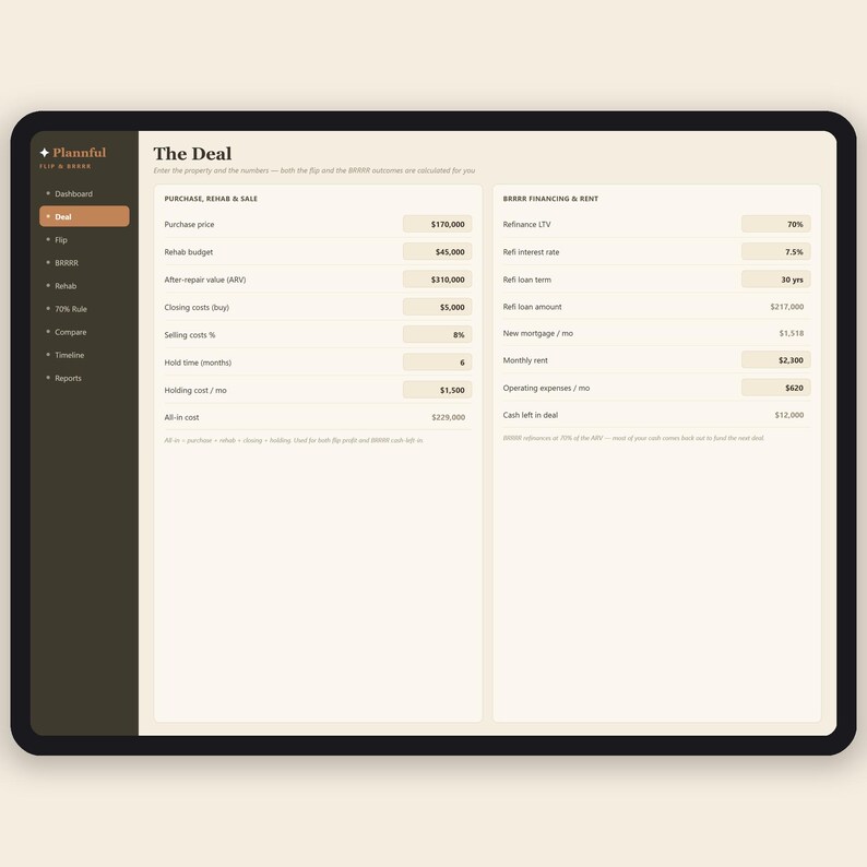Fix and Flip Calculator + BRRRR Spreadsheet | House Flipping Deal Analyzer | 70% Rule, ROI and Profit Calculator | Excel & Google Sheets immagine 2