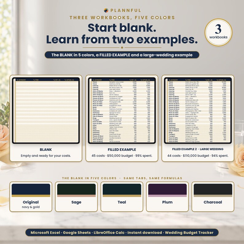 Three workbooks graphic titled Start blank, learn from two examples, showing a blank sheet, a filled 45-cost example and a filled 44-cost large-wedding example, above swatches for five colors: Original, Sage, Teal, Plum and Charcoal.