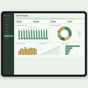 以下が含まれることがあります： 暗い画面に表示された「Yearly Report」というタイトルのデジタルダッシュボードインターフェース。棒グラフ、ドーナツグラフ、折れ線グラフを使用して、収入、支出、貯蓄などの財務データを表示しています。サイドバーには、Dashboard、Income、Expenses、Categories、Bills、Savings、Net Worth、Reports、Setupなどのナビゲーションオプションが一覧表示されています。