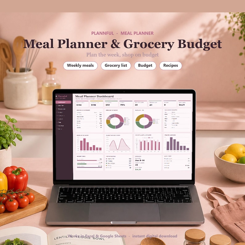 Planificador de comidas y lista de la compra en formato de hoja de cálculo / Planificador semanal de comidas y control del presupuesto de la compra / Excel y Google Sheets imagen 1