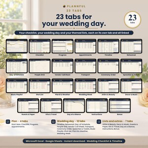Overview titled 23 tabs for your wedding day, showing a grid of 23 small spreadsheet tab previews labeled Start Here, Checklist, Timeline, Rehearsal, Day-of Schedule, People Grid, Music Playlist and Bonus, grouped into Plan, Wedding day and Lists.