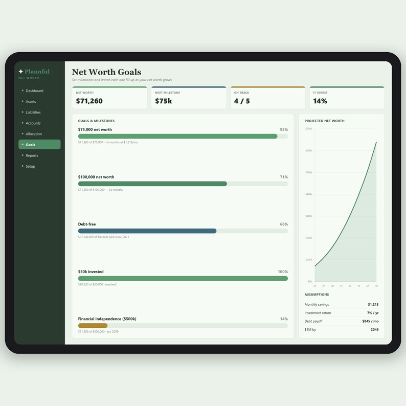 Puede incluir: Una interfaz de panel digital titulada Net Worth Goals que muestra m&eacute;tricas financieras, barras de progreso para objetivos como 75k net worth y un gr&aacute;fico de l&iacute;neas de patrimonio neto proyectado con supuestos de ahorros mensuales.