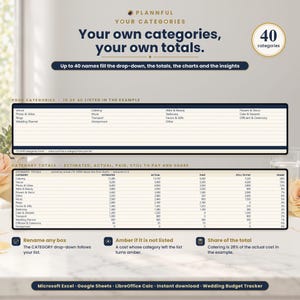 Your Own Categories sheet graphic titled Your own categories, your own totals, with a 40-name category list above a category totals table showing estimated, actual, paid, still to pay and share columns.