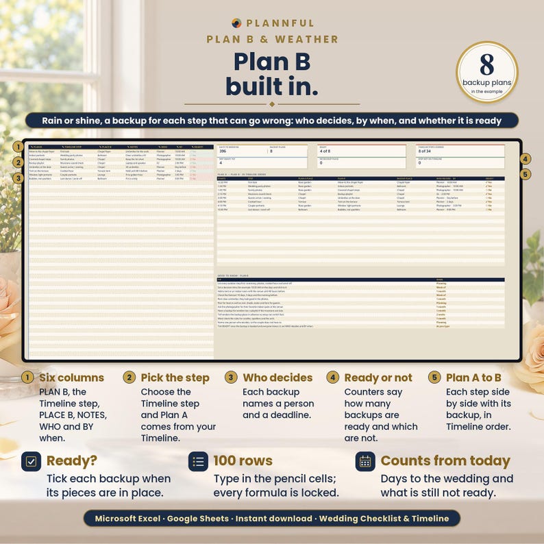 Plan B and Weather slide titled Plan B built in, showing a backup-plan table with a Plan B column for each timeline step, five numbered callouts, and notes on Ready, 100 rows and Counts from today.