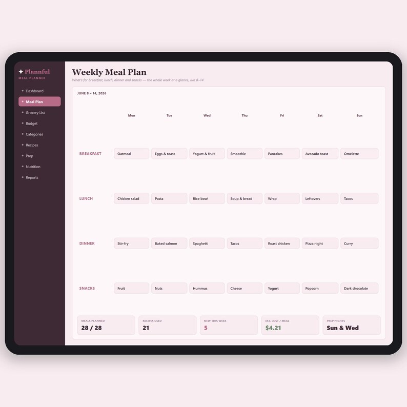 Planificador de comidas y lista de la compra en formato de hoja de cálculo / Planificador semanal de comidas y control del presupuesto de la compra / Excel y Google Sheets imagen 2