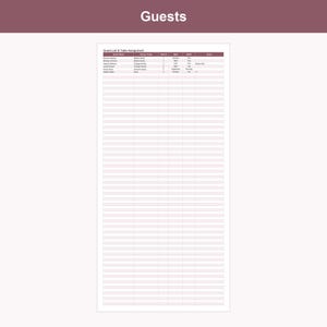 May include: A white guest list and table assignment sheet with a maroon header labeled Guests. The document features a grid with columns for Guest Name, Group/Party, Table #, Meal, RSVP, and Notes, containing sample data in black text.