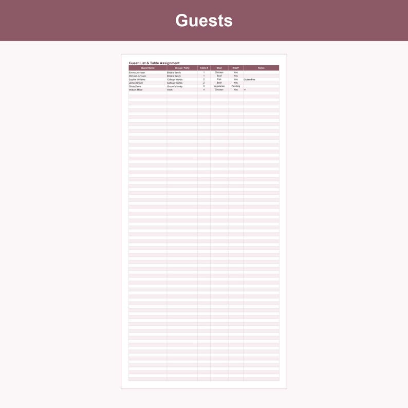 May include: A white guest list and table assignment sheet with a maroon header labeled Guests. The document features a grid with columns for Guest Name, Group/Party, Table #, Meal, RSVP, and Notes, containing sample data in black text.