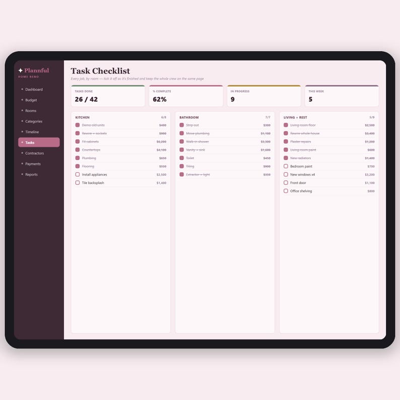 Home Renovation Budget Tracker Tabelle | Haus Remodel Planer | Kosten und Ausgaben Tracker für Bauprojekte | Excel & Google Sheets Bild 6