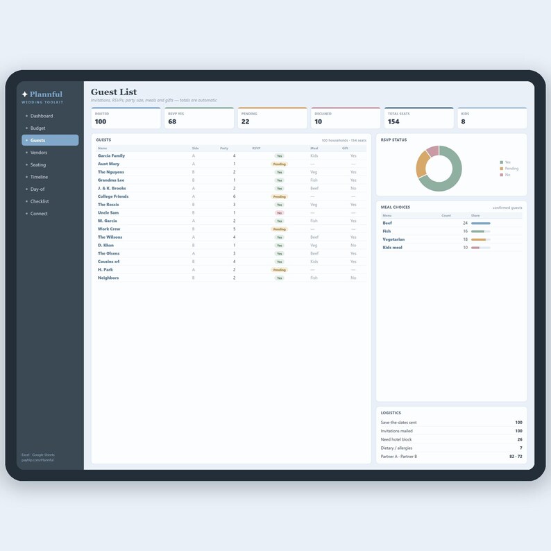 Plantilla todo en uno para planificar bodas: hoja de cálculo, control de presupuesto para Google Sheets y Excel, lista de invitados, plano de mesas y confirmación de asistencia. imagen 4