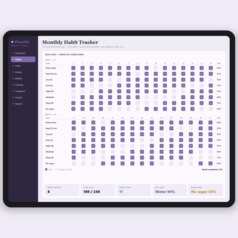 Habit Tracker Tabelle | tägliche Gewohnheit und Ziel-Tracker | Streifen-, Routine- und Tor-Planer | Excel & Google Sheets Bild 2