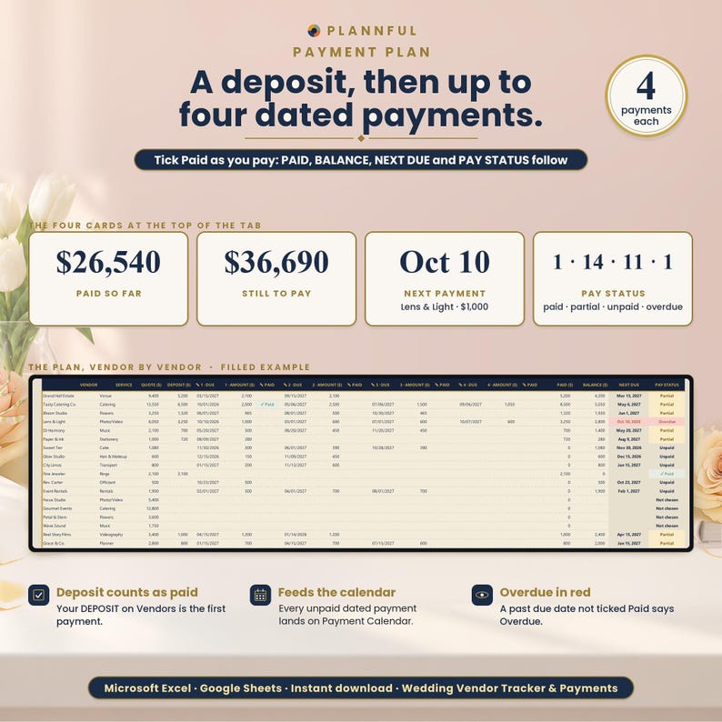 Payment plan page titled A deposit, then up to four dated payments, showing four summary cards (paid so far $26,540, still to pay $36,690, next payment Oct 10, pay status) above a vendor-by-vendor payment table on a tablet.