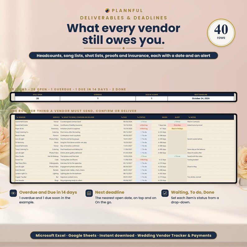 Deliverables page titled What every vendor still owes you, showing a 40-row tracker of headcounts, song lists, shot lists, proofs and insurance with due dates and status colors, plus overdue, next deadline and status notes.