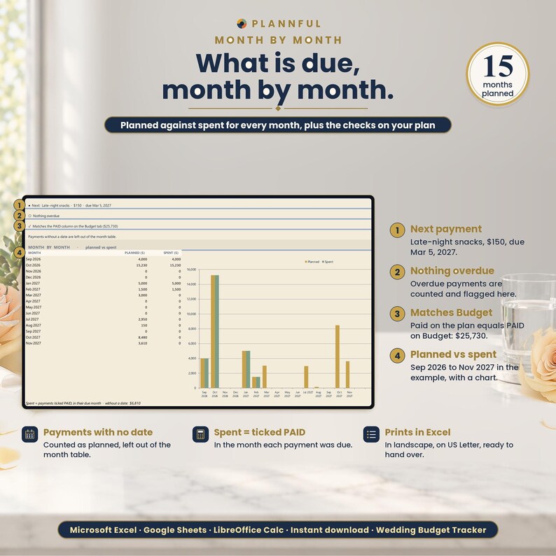 Month by Month graphic titled What is due, month by month, showing a monthly planned-versus-spent table with a bar chart on a tablet-style screen and four numbered notes on next payment, overdue payments, budget match and the plan.