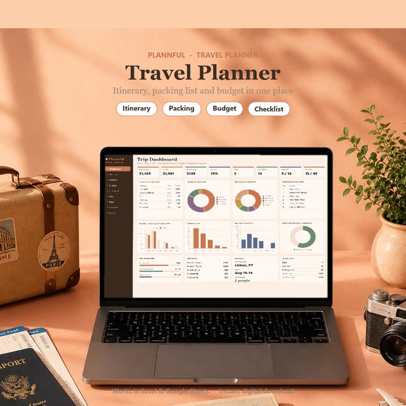 Planificador de viajes en formato hoja de cálculo / Itinerario de viaje, lista de equipaje y seguimiento del presupuesto de vacaciones / Planificador de vacaciones / Excel y Google Sheets imagen 1