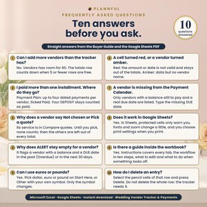 FAQ page titled Ten answers before you ask, showing ten numbered question-and-answer cards, such as adding more vendors, paying in installments, Google Sheets support and deleting an entry, with a 10 questions answered badge.
