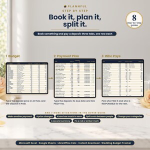 Step-by-step graphic titled Book it, plan it, split it, showing three tablet screens for the Budget, Payment Plan and Who Pays tabs linked by arrows, with captions and a row of seven extra buyer-guide situations.