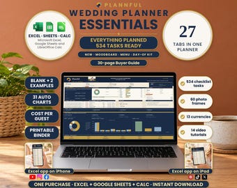 Wedding Planner Spreadsheet, 27 Tabs, Budget, Guests, Vendors, Timeline (Excel, Google Sheets, LibreOffice Calc Digital Download)