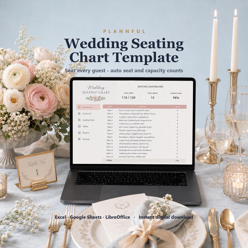 May include: A laptop displaying a digital wedding seating chart template with a dashboard showing 118 of 120 seats filled. The screen features text including Plannful Wedding Seating Chart Template, Excel, Google Sheets, and LibreOffice.