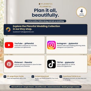 Plannful, plan it all, beautifully: explore the Plannful Wedding Collection in our Etsy shop, with YouTube, Instagram, Pinterest and TikTok, the 20-page Buyer Guide, instant download and hello@plannful.com for questions.