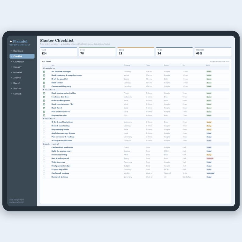 Hoja de cálculo con lista de tareas para la planificación de la boda, lista de tareas pendientes para la cuenta regresiva de 12 meses para Google Sheets y Excel, lista de verificación editable para la novia. imagen 3