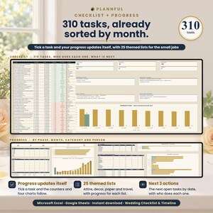 Checklist tab titled 310 tasks, already sorted by month, showing a long task table, a bar chart of tasks per month, and progress panels by phase, month, category and person on a spreadsheet mockup.