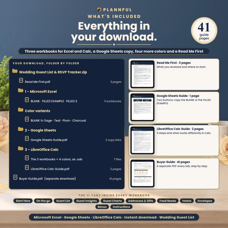 What is included in the download: Read Me First, the Microsoft Excel folder with three workbooks, four color variants, the Google Sheets guide, the LibreOffice Calc folder with .ods files, plus a separate 41-page step-by-step Buyer Guide.