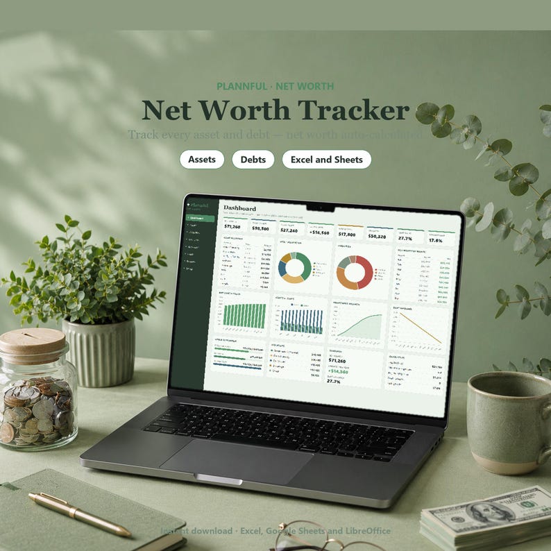 Puede incluir: Un ordenador port&aacute;til que muestra un panel de control Net Worth Tracker con gr&aacute;ficos financieros y tablas de datos. La pantalla muestra el texto Plannful Net Worth Tracker, Assets, Debts y Excel and Sheets. La interfaz incluye gr&aacute;ficos circulares.
