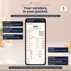 Mobile view titled Your vendors, in your pocket, showing an iPhone with the vendor tracker app screen: a 399-day countdown, vendor money totals, next 5 payments, bookings and pay status, with callout labels.