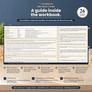 Instructions tab inside the workbook with FIND A FEATURE, the recommended workflow, what to edit, what a red cell or amber row means, and limits, printing and phone tips.