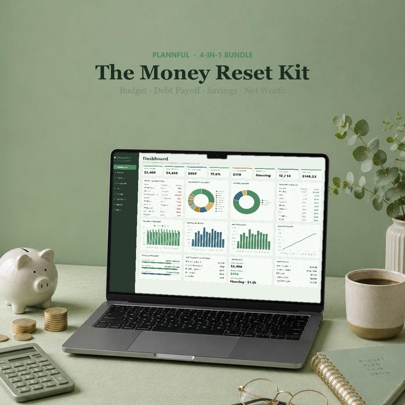 The Money Reset Kit | Budget, Debt Payoff, Savings and Net Worth Spreadsheet Bundle | Google Sheets and Excel | 4 Finance Templates image 1