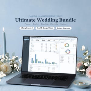 Ultieme bruiloftplannerbundel voor Google Spreadsheets en Excel, budget, gastenlijst, stoelindeling, tijdlijn en spreadsheetset checklist afbeelding 1