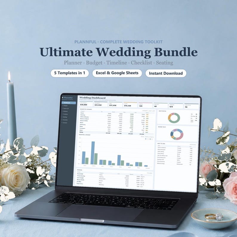 Ultieme bruiloftplannerbundel voor Google Spreadsheets en Excel, budget, gastenlijst, stoelindeling, tijdlijn en spreadsheetset checklist afbeelding 1