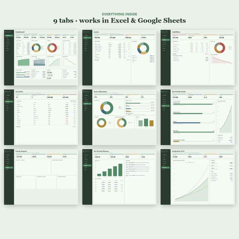 Puede incluir: Una plantilla de panel financiero digital con nueve pesta&ntilde;as distintas para Excel y Google Sheets. La interfaz muestra varias visualizaciones de datos, incluidos gr&aacute;ficos circulares, gr&aacute;ficos de barras y tendencias lineales en tonos verdes, azules y naranjas.