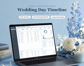 Tijdlijnsjabloon trouwdag, uur per uur trouwschema en schema voor Google Spreadsheets en Excel, bewerkbare checklist 'Dag van de dag'