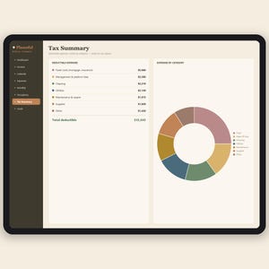 May include: A digital tablet screen displaying a Plannful Rental Finance Tax Summary dashboard. The interface features a sidebar menu, a list of deductible expenses with dollar amounts, and a colorful donut chart labeled Expenses by Category.