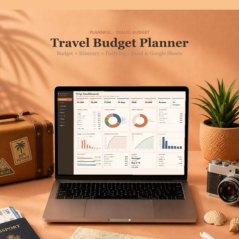 Foglio di calcolo per la pianificazione del budget di viaggio / Strumento per il monitoraggio del budget e dell'itinerario di viaggio / Pianificatore delle spese per le vacanze / Excel e Fogli Google immagine 1