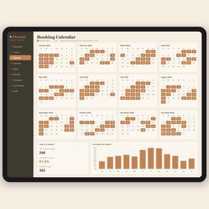 May include: A digital dashboard interface titled Booking Calendar for the year 2026. It displays twelve monthly calendars with brown highlighted dates, a sidebar menu, and a bar chart showing occupancy by month with statistics for total nights.