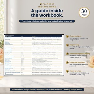 Instructions graphic titled A guide inside the workbook, showing a tablet-style feature index sheet with clickable links beside five numbered notes: find a feature, step by step, if something looks wrong, protected formulas, Start Here.