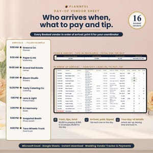 Day-of vendor sheet titled Who arrives when, what to pay and tip, showing an arrival timeline from 9:00 AM to 9:00 PM on the left and a table of 16 booked vendors with contact, load-in, pay and tip columns.