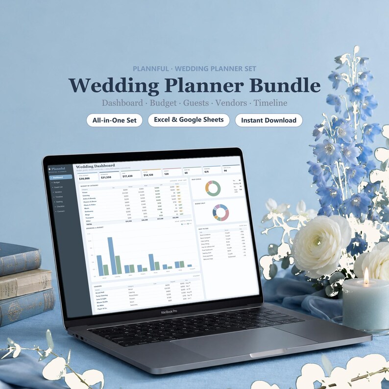 Wedding Planner Bundle for Google Sheets and Excel, Wedding Budget, Guest List & Day Of Timeline Spreadsheet Set, All-in-One Template image 1