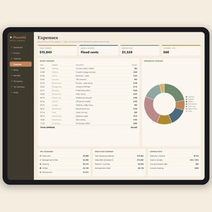 May include: A digital dashboard interface titled Plannful Rental Finance displaying an Expenses page. The screen features a dark sidebar navigation, a table of recent expenses, a colorful donut chart, and summary boxes for total costs.