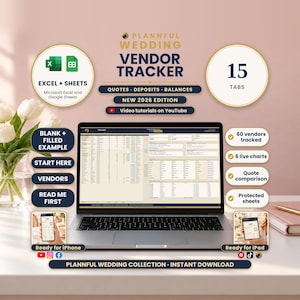 Cover image titled Plannful Wedding Vendor Tracker showing a laptop with a vendor spreadsheet, badges for Excel and Sheets, 15 tabs, 60 vendors tracked, 6 live charts, quote comparison and protected sheets.