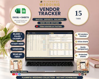 Wedding Vendor Tracker Spreadsheet, Payments, Compare Quotes, 15 Tabs (Excel, Google Sheets Digital Download)