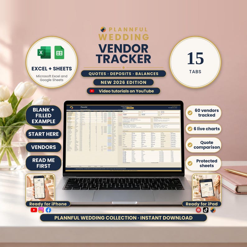 Cover image titled Plannful Wedding Vendor Tracker showing a laptop with a vendor spreadsheet, badges for Excel and Sheets, 15 tabs, 60 vendors tracked, 6 live charts, quote comparison and protected sheets.