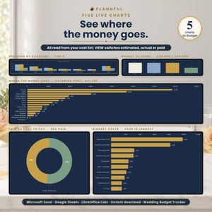 Five live charts graphic titled See where the money goes, with dark navy panels holding a spending-by-category bar chart, a budget versus spent chart, a horizontal bar chart, a donut chart and a biggest-costs bar chart.