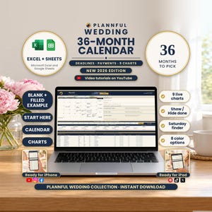 Puede incluir: Un calendario de bodas digital de 36 meses para 2026, compatible con Microsoft Excel y Google Sheets. La interfaz incluye 9 gráficos en vivo, seguimiento de pagos y herramientas de gestión de plazos, accesibles en portátiles, iPhone y iPad.
